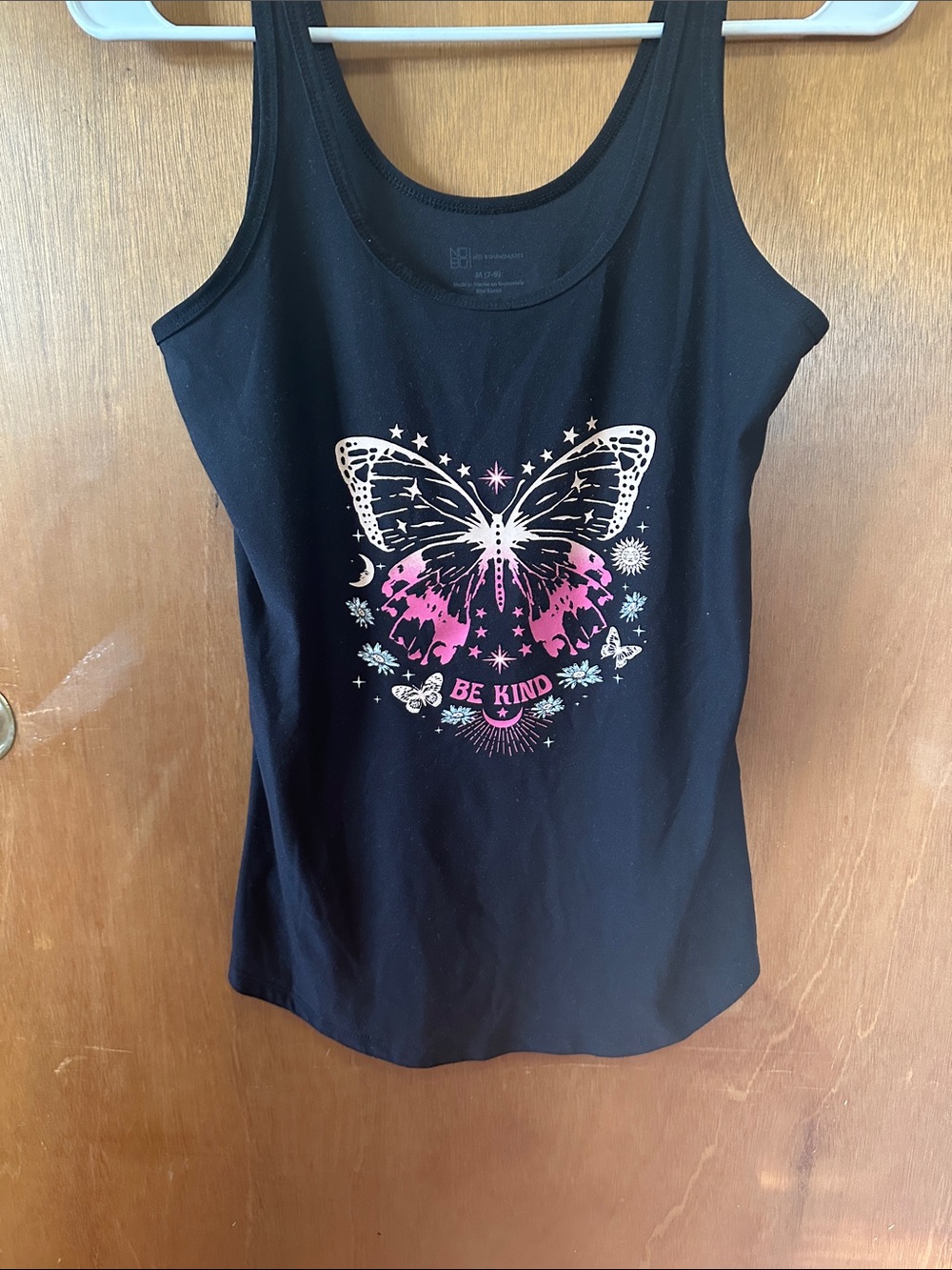 No Boundaries Black Tank with Pink & White Butterfly Graphic